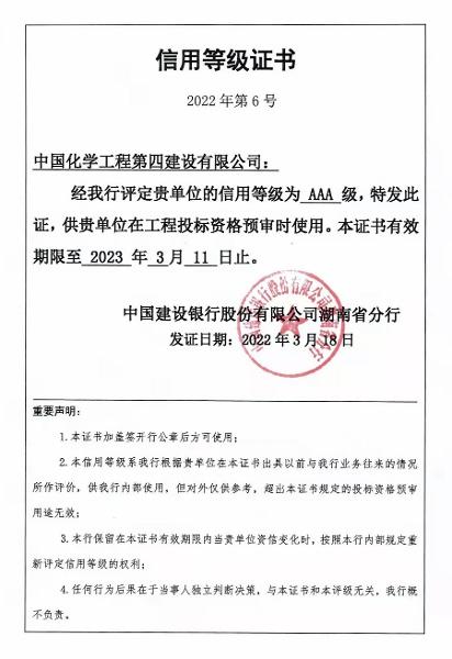 公司榮獲中國建設(shè)銀行股份有限公司湖南省分行AAA級信用等級證書